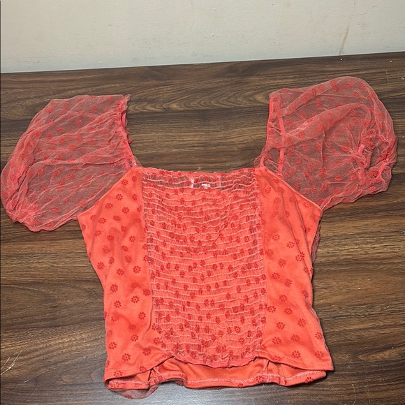 Red Sheer Puff Sleeve Top - Picture 3 of 3